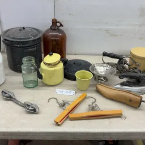 Vintage: Irons, Enamelware Stock Pot with Strainer Insert, Sheik Coffee Tin, and More