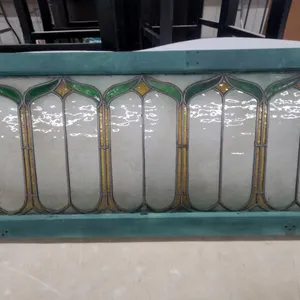 Antique Leaded Stained Glass Window Panel with Green Painted Wood Frame 48 x 20"