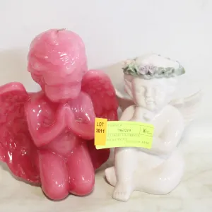 LOT OF 2 ANGEL FIGURINES, CERAMIC & CANDLE