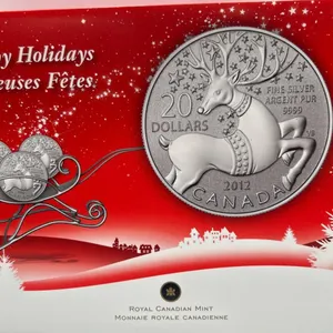 2012 Canada $20 Fine .999 Silver Reindeer Holiday Coin by Royal Canadian Mint