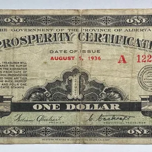 1936 Alberta Prosperity Certificate - One Dollar - Serial A122801