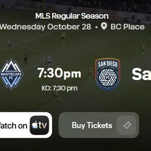 4 PITCHSIDE TICKETS TO VANCOUVER WHITECAPS VS. SAN DIEGO - OCT 28