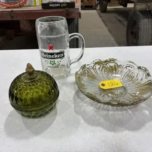 Green Glass Dish, Heineken Mug, & other