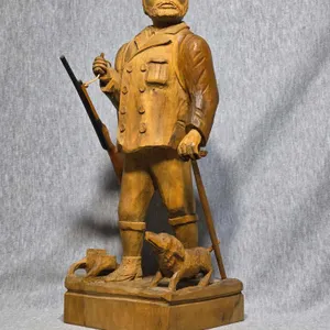 Hand Carved Wooden Folk Art. Man with His Hunting Dog. 5 x 5 x 14. DR