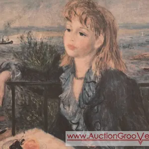 Girl in Blue / Shelley on the Balcony Print by Robert Philipp. 32.5 x 26.5. Observed two minor rips on the print see photos. BR1