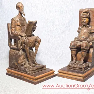 Don Quixote amd Sancho Panza Wooden Book Ends. Ouro Artesania. Made n Spain. 4 x 6.5 x 11 each. DR