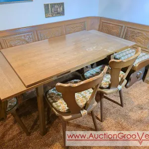 EKA Wohnmobel Vintage wooden "Breakfast Nook" Table with 3 Chairs. The benches have WildLife Theme. Table measures 49 x 31.5 x 29, plus each l