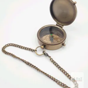 New Antique-Finish Brass Pocket Compass with Cover and Chain . See photos for size