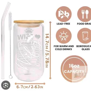NEW 16 oz Borosilicate Glass Tumbler with Bamboo Lid, Glass Straw, and "WIFE Nutrition Facts" Print