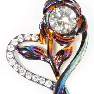 Gorgeous New Neo Chrome Oil Slick Rose Flower in Heart CZ Pendant on Multi Chromatic 18" Chain in Velvet Gift Box