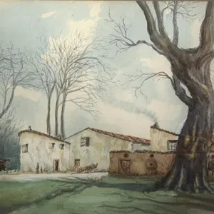 ANTIQUE EUROPEAN VILLAGE WATERCOLOR