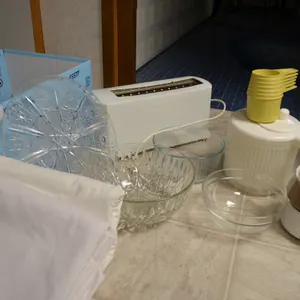 Large Table Cloths, Glass Bowls, Soup Bowls, Salad Spinner, Measuring Cups, Tefal Toaster