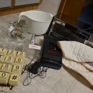 Phone with Large numbers, Glass Bowl, Plastic Mixing Bowl, Disc washer, Toaster Oven with cover