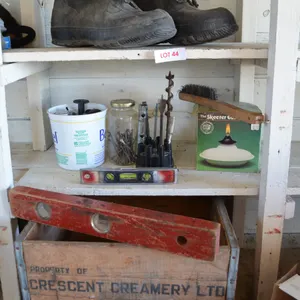Antique Crescent Creamery Box, Antique Level, Boots, Steel Brush, Misc.