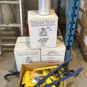 3 BOXES OF TITAN TUFF HANDWRAP, LARGE TIE DOWN STRAP, ASSORTED HAND TOOLS, ROPE & MORE