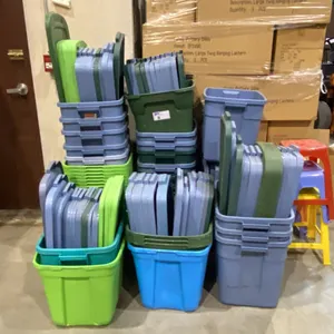 LARGE GROUP OF ASSORTED PLASTIC STORAGE BINS WITH LIDS & PLASTIC STOOLS