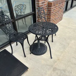 WROUGHT IRON TABLE, CHAIRS, AND (1) UMBRELLA