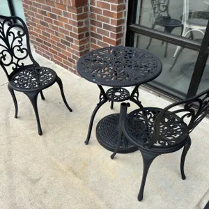 WROUGHT IRON TABLE, CHAIRS, AND (1) UMBRELLA