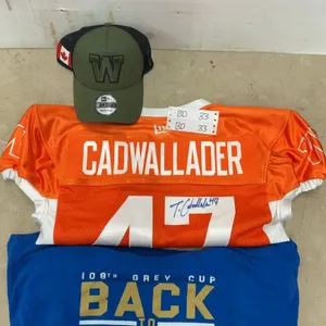 Winnipeg Blue Bombers Warm-Up Used By Tanner Cadwallader. Autographed, Men's XL & Military Snap