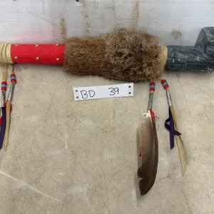 Vintage First Nations Soapstone Bowl Peace Pipe, 21" Long, Fur, Buckskin, Feather Decorated
