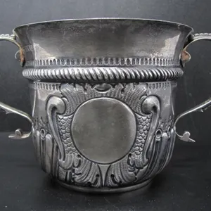 STERLING SILVER PORRINGER W/ 1707 HALF-CROWN 282g
