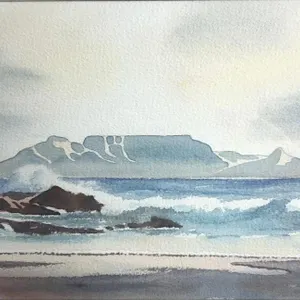 A. FRIEDRICH "TABLE MOUNTAIN" WATERCOLOR SEASCAPE