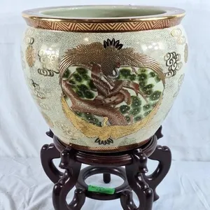 14" gold crane fish bowl planter with stand