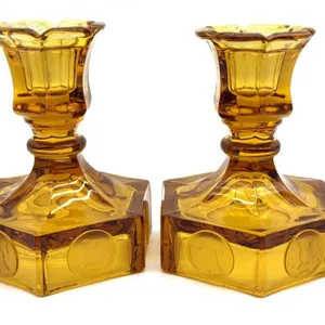 Fostoria Amber Coin Glass Candlesticks 4.5”