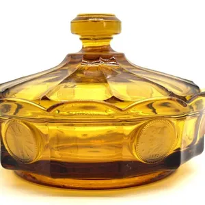 Fostoria Amber Coin Glass Lidded Dish 6.25” x 4”