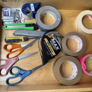 Scissors, adhesives, box cutters, hand tools