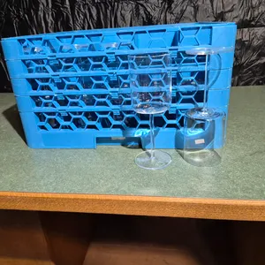 (25) Schott Zwiesel 16oz Long Stem Wine Glasses, (1) Carlisle 25 Compartment Dishwasher Rack