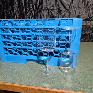 (25) Schott Zwiesel 16oz Long Stem Wine Glasses, (1) Carlisle 25 Compartment Dishwasher Rack