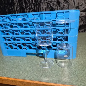 (25) Schott Zwiesel 16oz Long Stem Wine Glasses, (1) Carlisle 25 Compartment Dishwasher Rack