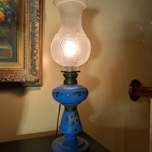 Vintage Blue Glass Floral Kerosene Lamp