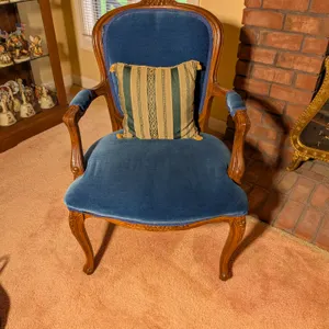 Vintage Blue Velvet Carved Wood Armchair