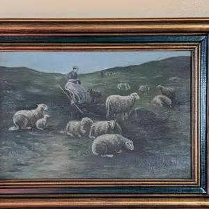 Canvas Painting of a Shepherdess with Sheep