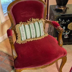 Vintage Carved Wood Armchair with Red Velvet Upholstery