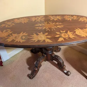 Inlaid Wood Coffee Table with Carved Base