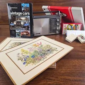 Vintage Lot: Playing Card Set, Illustrated Vintage Cars Book, Radio, and Decorative Trays