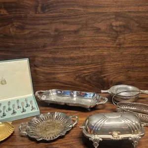 Silverplate Serving Pieces, With Silverplated Spoon Set and Gilt-Coated Shell Dish