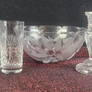Glassware Set Including Etched Tumblers, Decorative Bowl, and Stemware