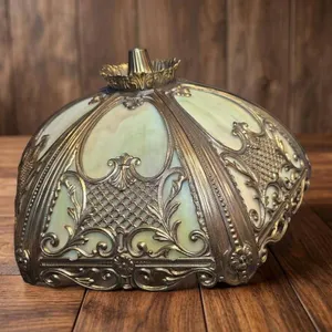 Antique-Style Brass and Green Slag Glass Lamp Shade
