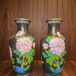 Cloisonne Enamel Vases with Floral and Black Background 16 inches h Minor chip present on one vase