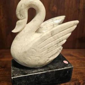 Italian Carved Marble Swan Figurine on Black Marble Base, 9 Inches H
