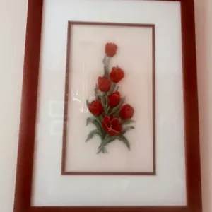 Framed Wall Art Featuring Embroidered Red Tulips