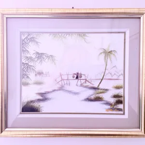 Framed Watercolor Landscape Painting with Bamboo Bridge and Palm Tree
