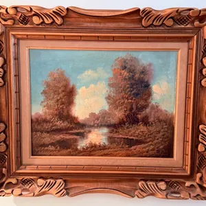 Oil Painting of a Landscape Scene in a Carved Wooden Frame