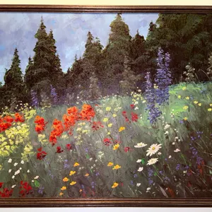 Framed Oil Painting of Wildflower Meadow Signed by Artist