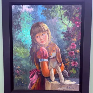 Framed Oil Painting of Girl with Puppy by M. Verni