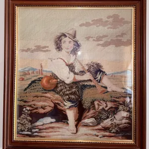 Framed Needlepoint Artwork Depicting a Rural Scene